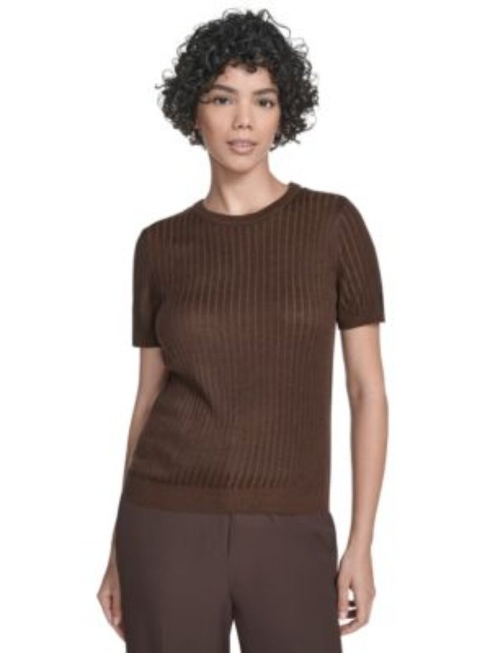 NWT S Brown Clavin Klein CK Ribbed Short Sleeve Sweater